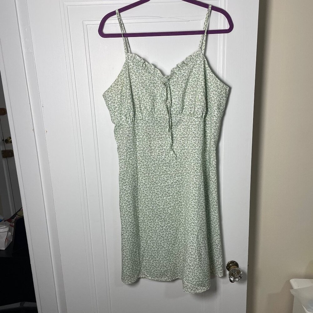 Floral Green & White Slip Dress with Ruffle Trim